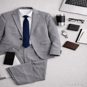 Flat lay of a light grey business suit with a dark blue tie and office accessories - Caption: “Business formals in cool tones — structured elegance for the contemporary professional.” - Description: A light grey suit paired with a white shirt and dark blue tie anchors this flat lay, complemented by a stainless steel mug, wristwatch, and tech essentials. The layout evokes a sense of readiness and style, ideal for showcasing business formals in a clean, modern workspace. These additions complete your visual narrative with tonal variety and editorial clarity. I can now compile all seven into a homepage-ready layout or Pinterest board guide that reinforces HEVANA’s luxury tone and brand palette. Just say the word, and I’ll format it.