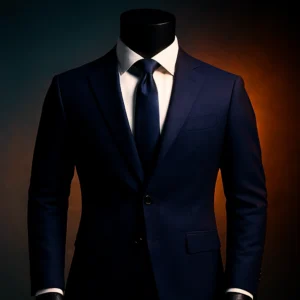 Matte black mannequin wearing a deep navy blue business suit with white shirt and tie, showcasing professional dress for men in a minimalist studio setting.