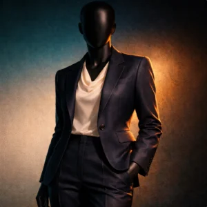 Elegant black women’s suit with white blouse on mannequin, set against dramatic gradient background